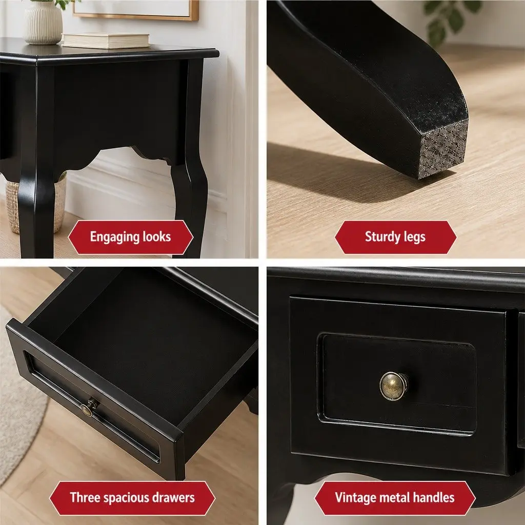 Console Table MDF and Paulownia Wood 91cm Black French Provincial with 3 Drawers