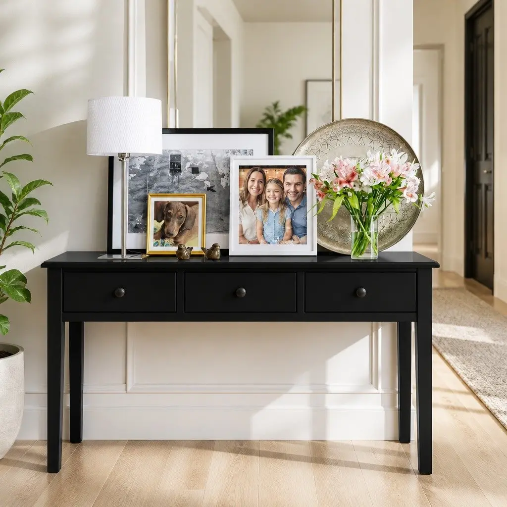 Console Table MDF and Paulownia Wood 91cm Black French Provincial with 3 Drawers