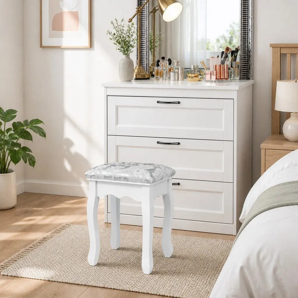 Dressing Table Stool White Velvet Bedroom Vanity Seat Padded Cushion Elegant