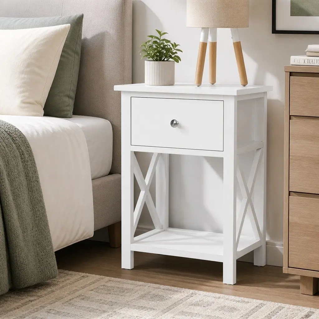 Bedside Table Solid Paulownia Wood MDF White 40cm x 30cm x 54cm