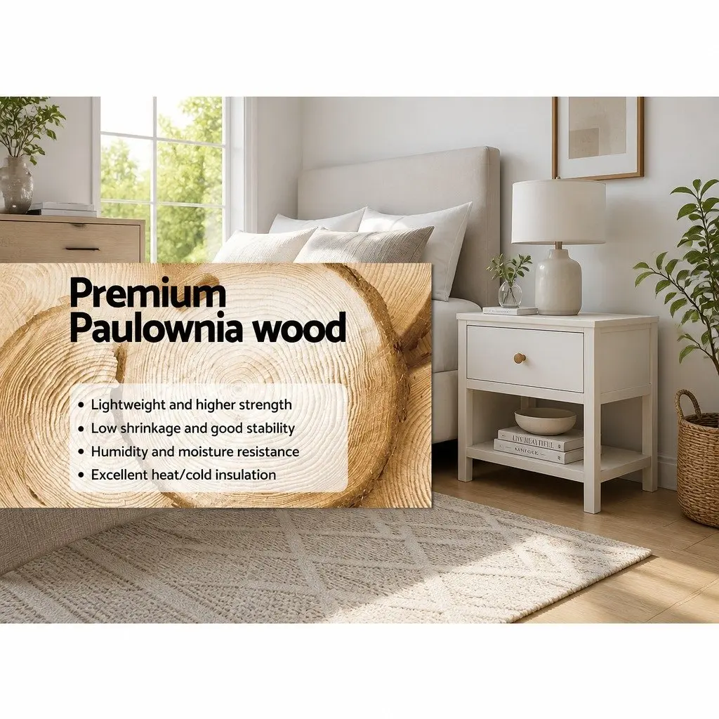 Bedside Table Solid Paulownia Wood MDF White 40cm x 30cm x 54cm