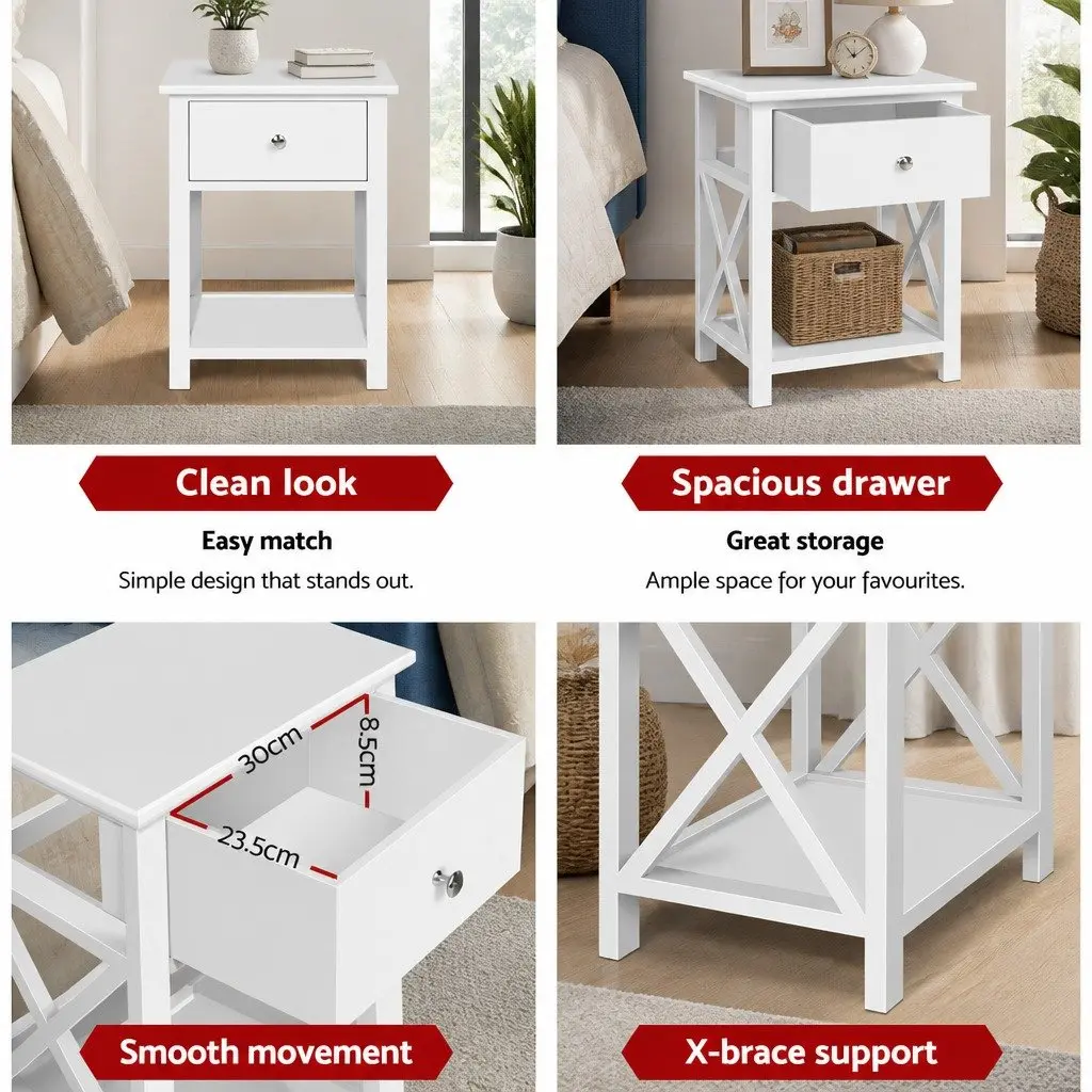 Bedside Table Solid Paulownia Wood MDF White 40cm x 30cm x 54cm