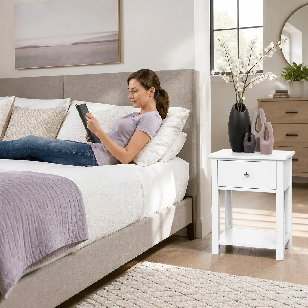 Bedside Table Solid Paulownia Wood MDF White 40cm x 30cm x 54cm