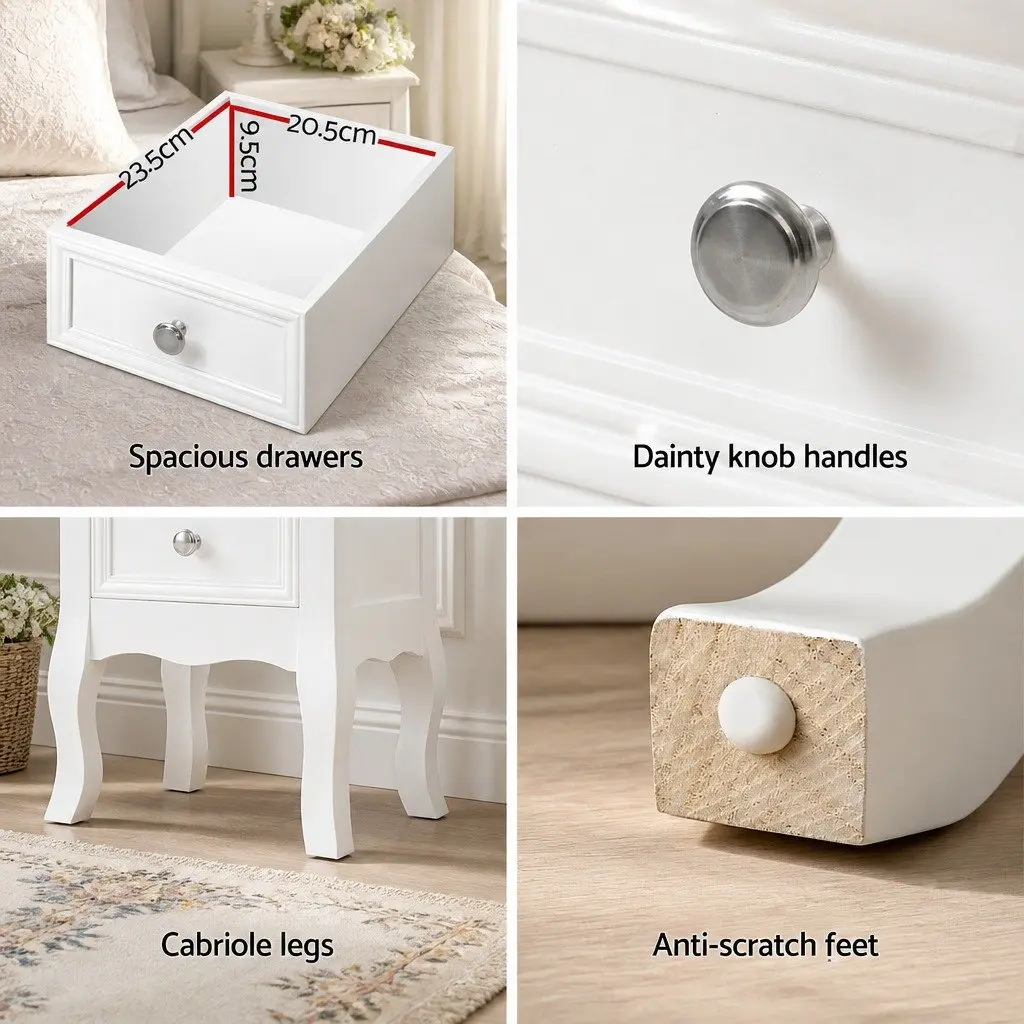Bedside Table 2 Drawers White Curved Legs French Provincial Bedroom Storage