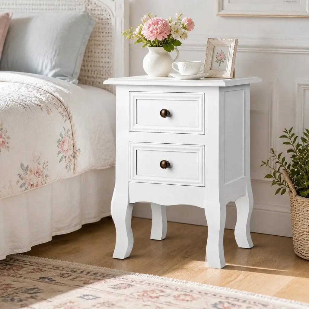 Bedside Table 2 Drawers White Curved Legs French Provincial Bedroom Storage