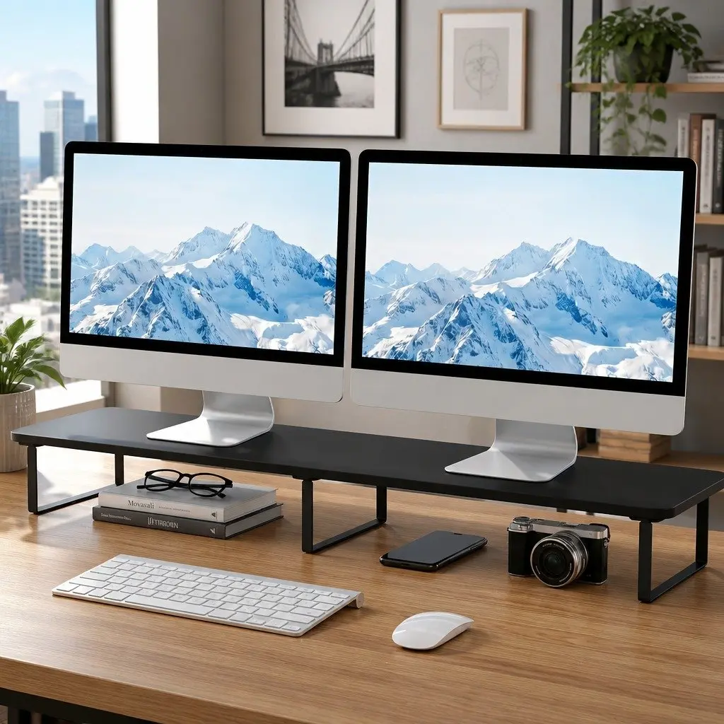 Dual Monitor Riser Stand 100cm Wide Black Platform for Desk Organiser with Open Storage Space