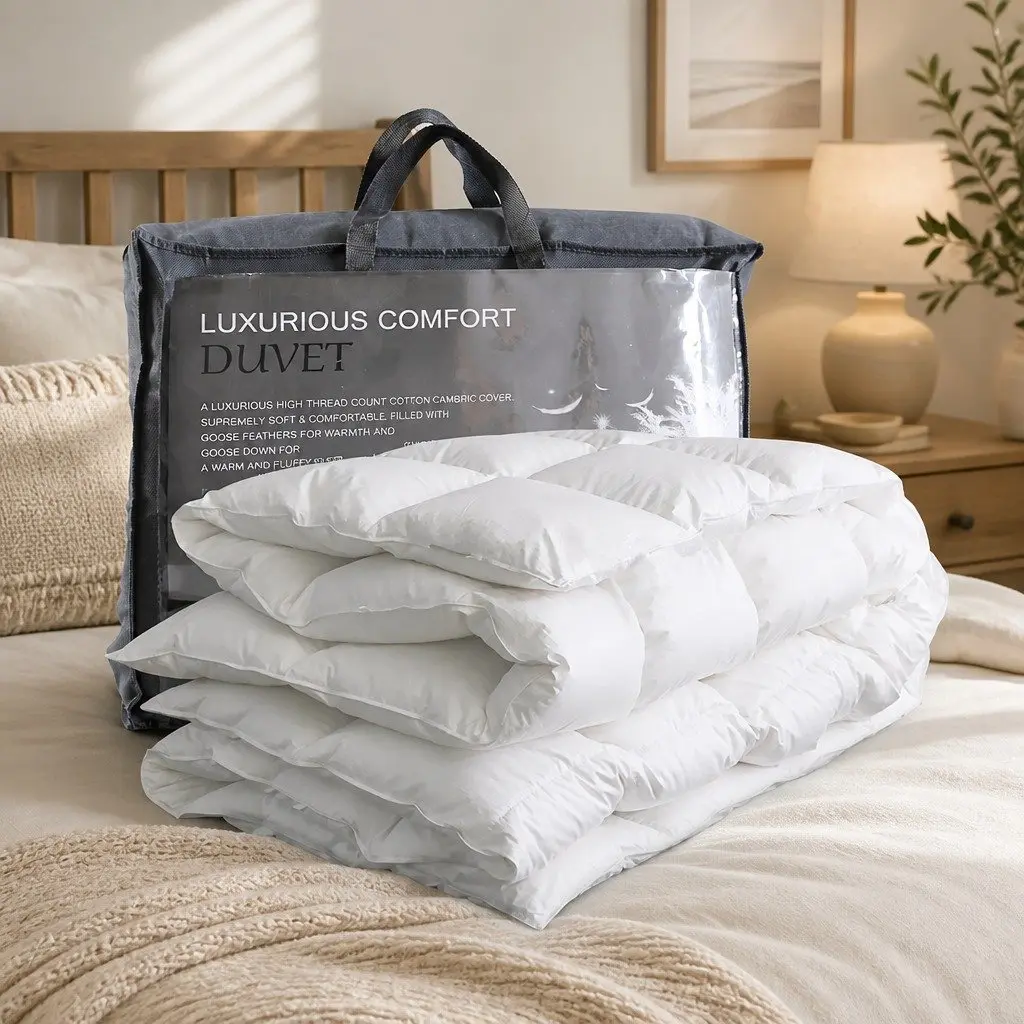 Goose Down Feather Quilt Double 500GSM Lightweight Breathable White Cotton Cover