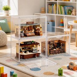 Clear Acrylic Display Case 3 Pack Stackable Toy Storage Box Magnetic Door Dust