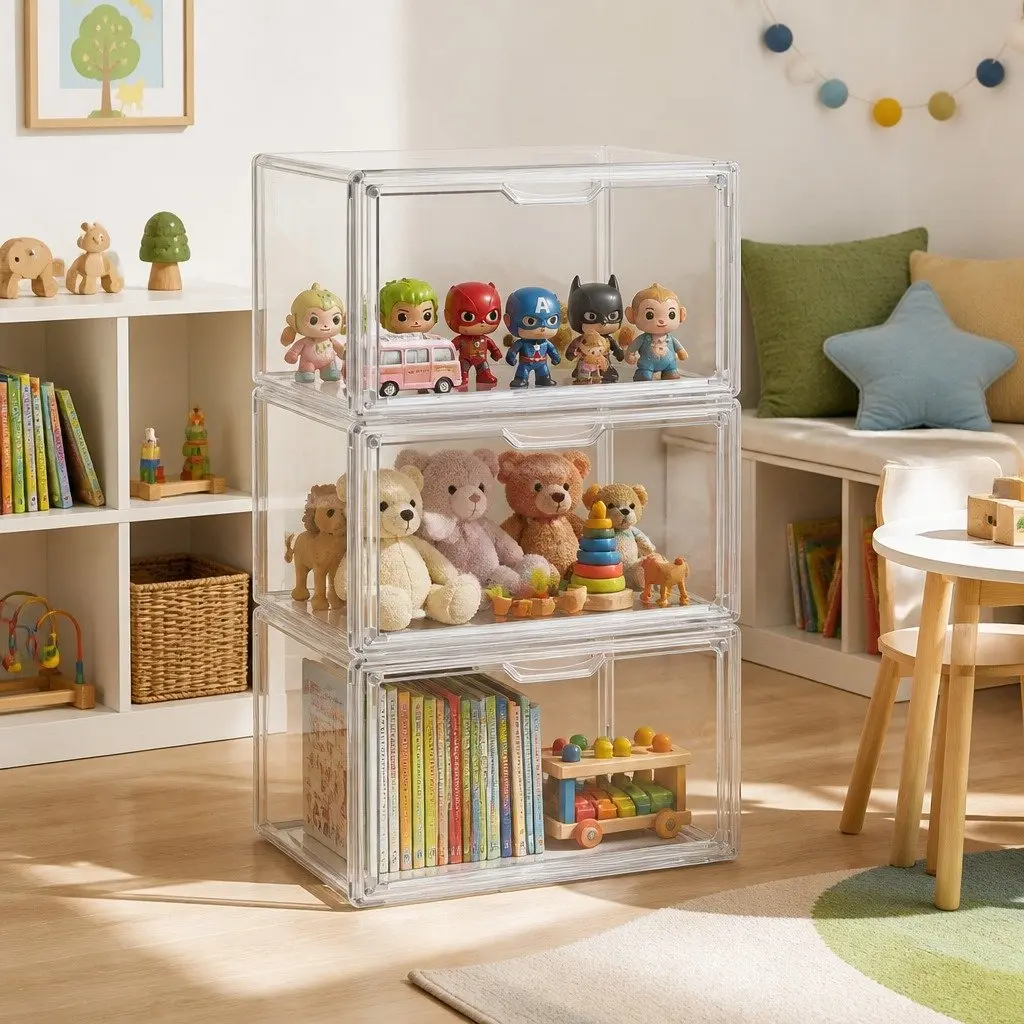 Clear Acrylic Display Case Stackable 3 Pack Toy Storage Box Magnetic Door Dust Protection