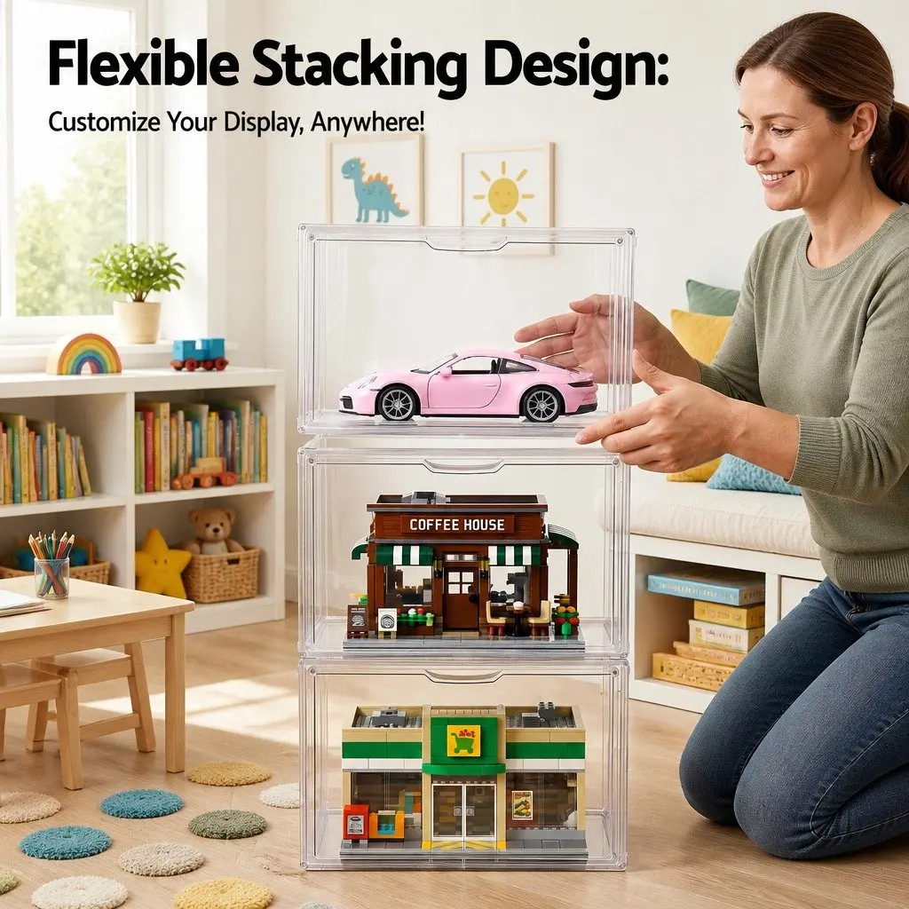 Clear Acrylic Display Case Stackable 3 Pack Toy Storage Box Magnetic Door Dust Protection