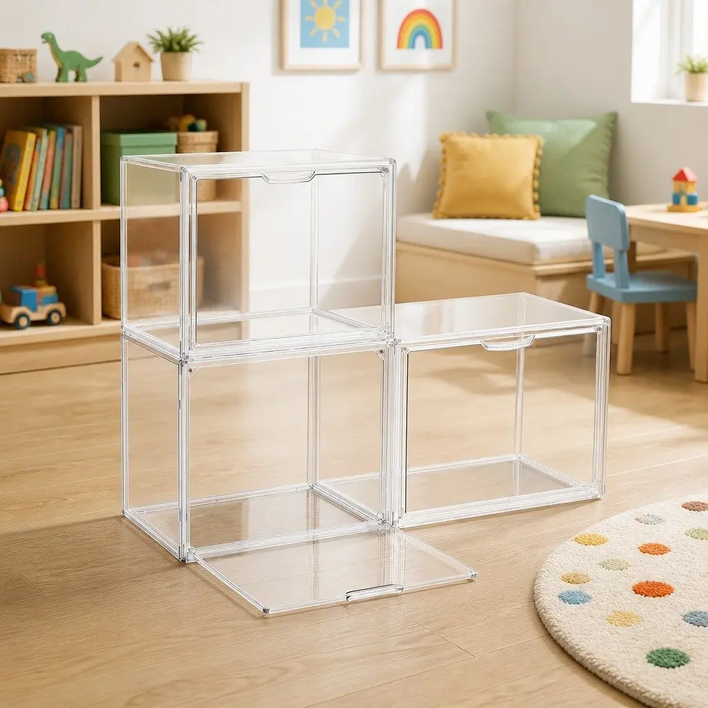 Clear Acrylic Display Case Stackable 3 Pack Toy Storage Box Magnetic Door Dust Protection