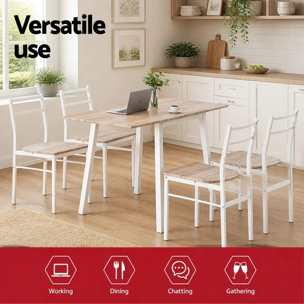 Dining Set Foldable MDF Table and Chairs 5 Piece Natural Wood-Look White Metal Frame