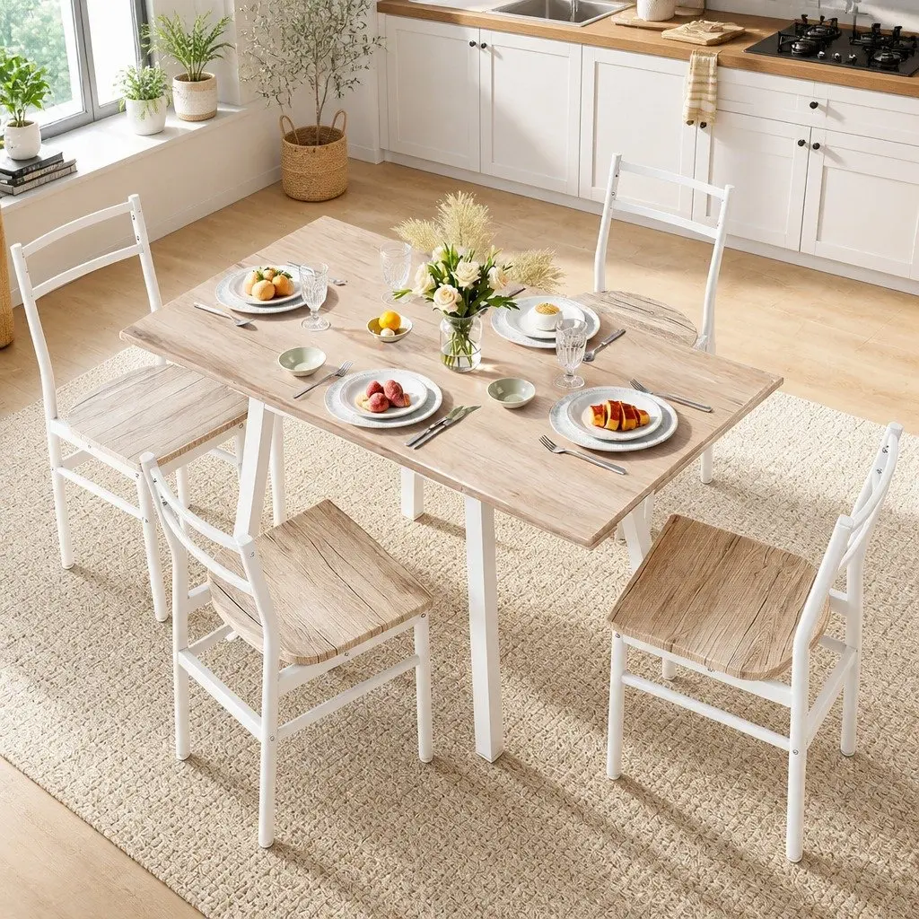 Dining Set Foldable MDF Table and Chairs 5 Piece Natural Wood-Look White Metal Frame