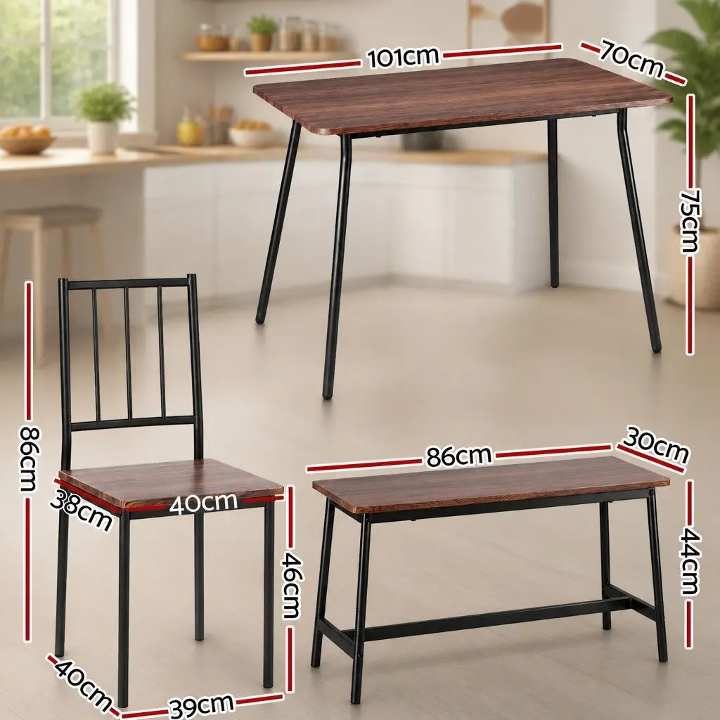 Dining Table and Chairs Set 4 Piece Rustic Brown Black Metal Frame