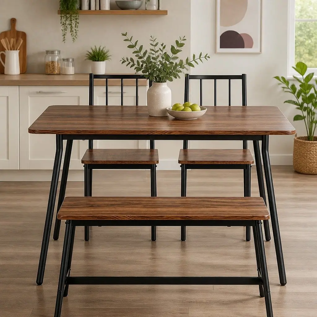 Dining Table and Chairs Set 4 Piece Rustic Brown Black Metal Frame