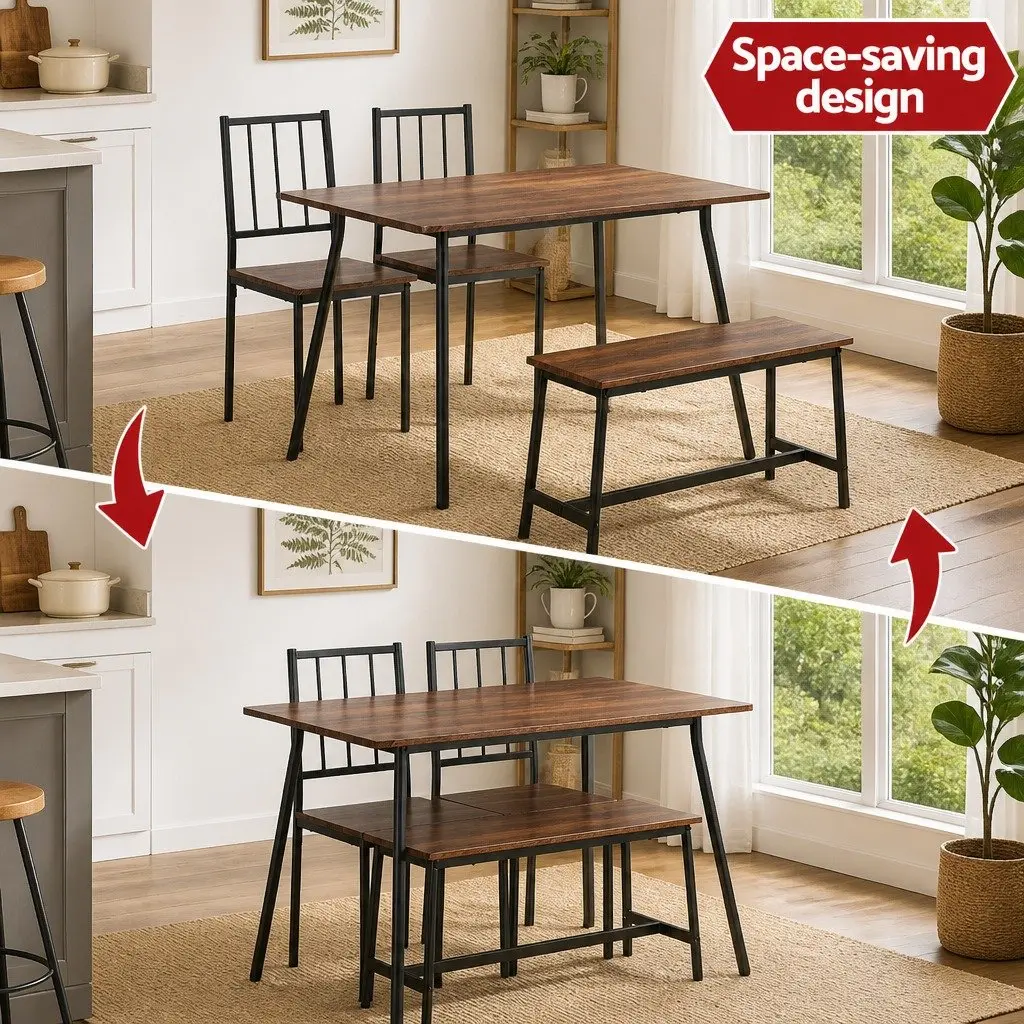 Dining Table and Chairs Set 4 Piece Rustic Brown Black Metal Frame
