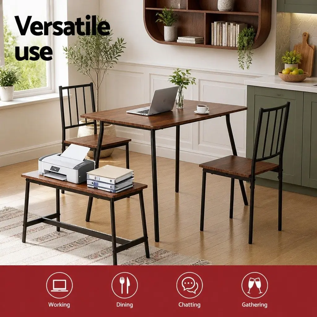 Dining Table and Chairs Set 4 Piece Rustic Brown Black Metal Frame