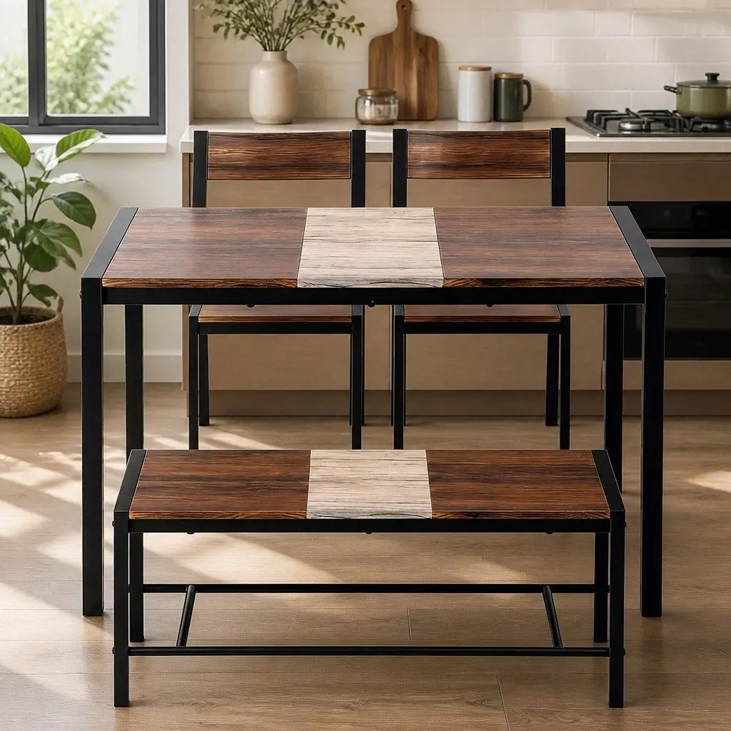 Dining Set MDF and Metal 4 Piece Rustic Brown Beige Black
