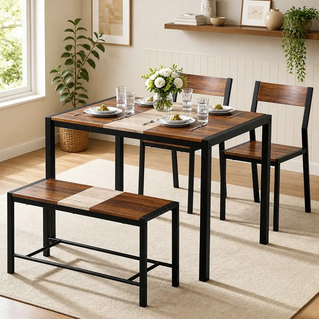 Dining Set MDF and Metal 4 Piece Rustic Brown Beige Black