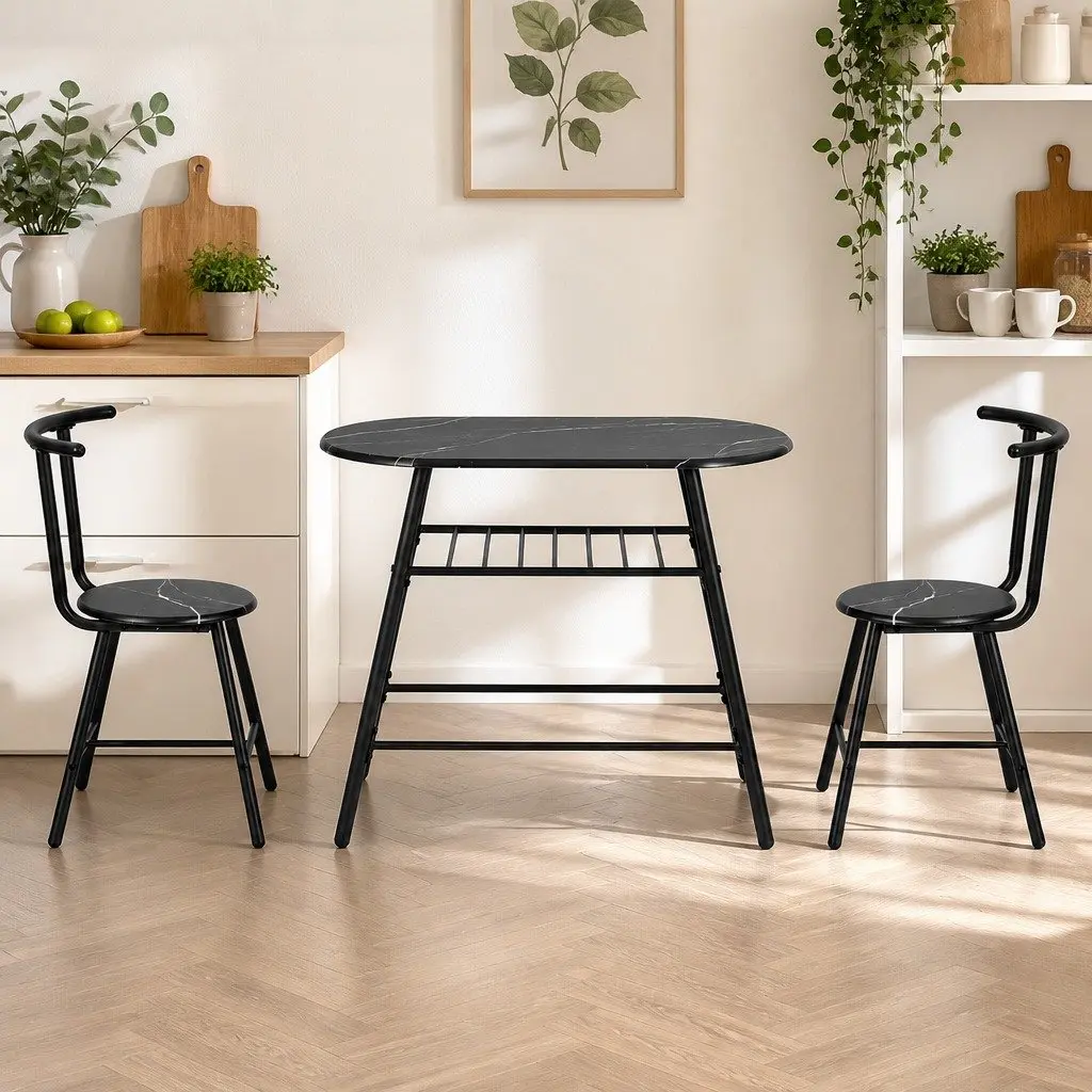Dining Table Set 3PC Bistro Kitchen Storage Wine Rack Black Marble Oval Compact