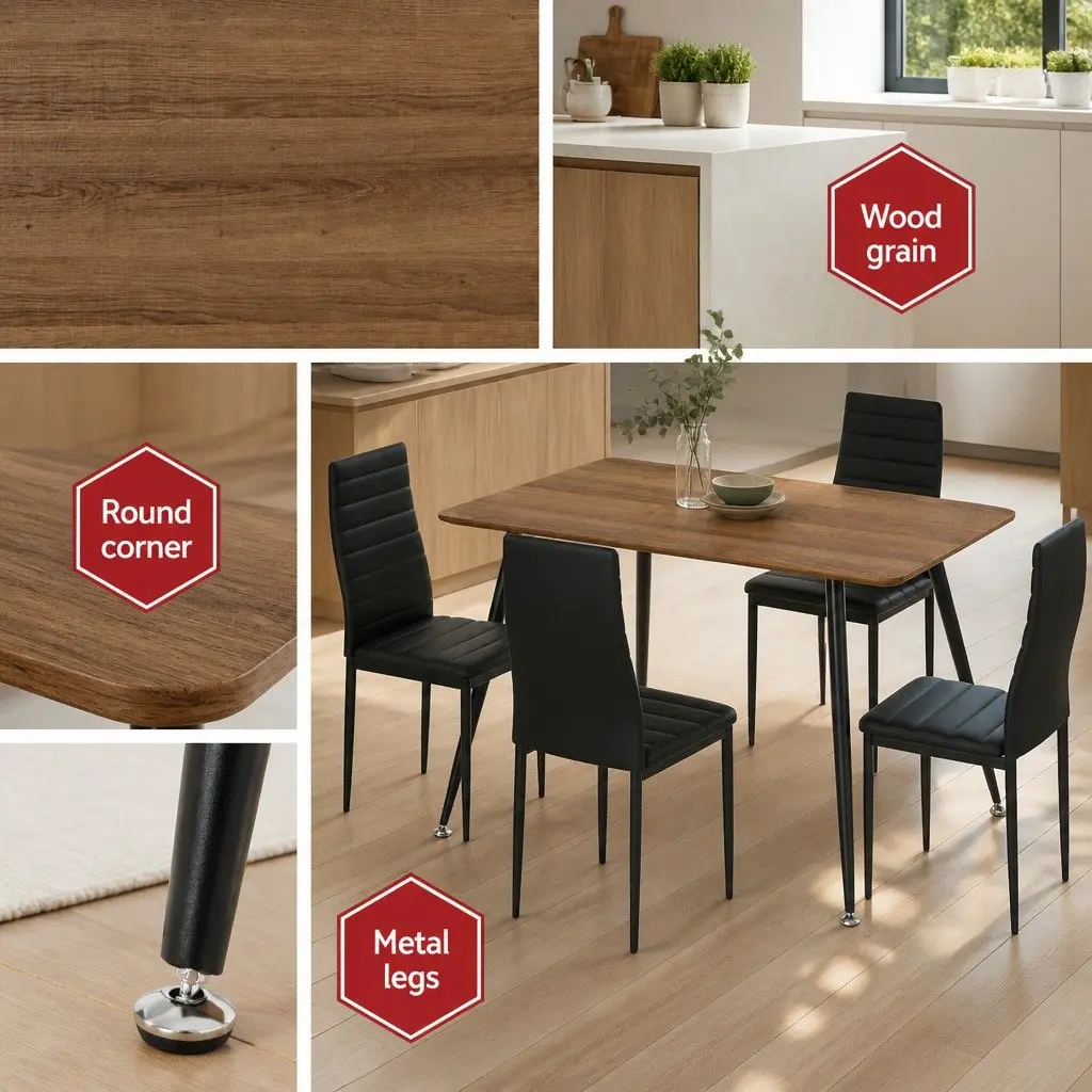 Dining Set Industrial Style Wood Grain Table with Metal Legs and 4 Cushioned Chairs