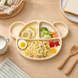 Versatile Silicone Suction Plate with Lid for Everyday Use - Oatmeal