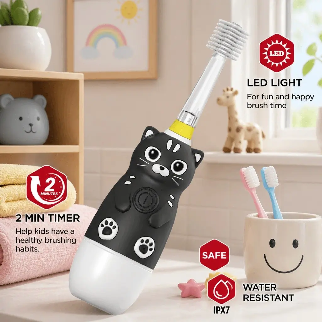 Kids Sonic Toothbrush Compact Grip 360-Degree Cleaning Action LED Light Age 1-4 Years