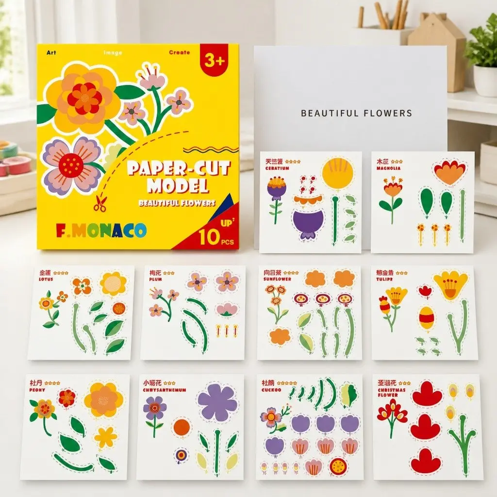 Paper Cutting Kit Child-Safe Scissors Pre-Cut Templates Colorful Designs