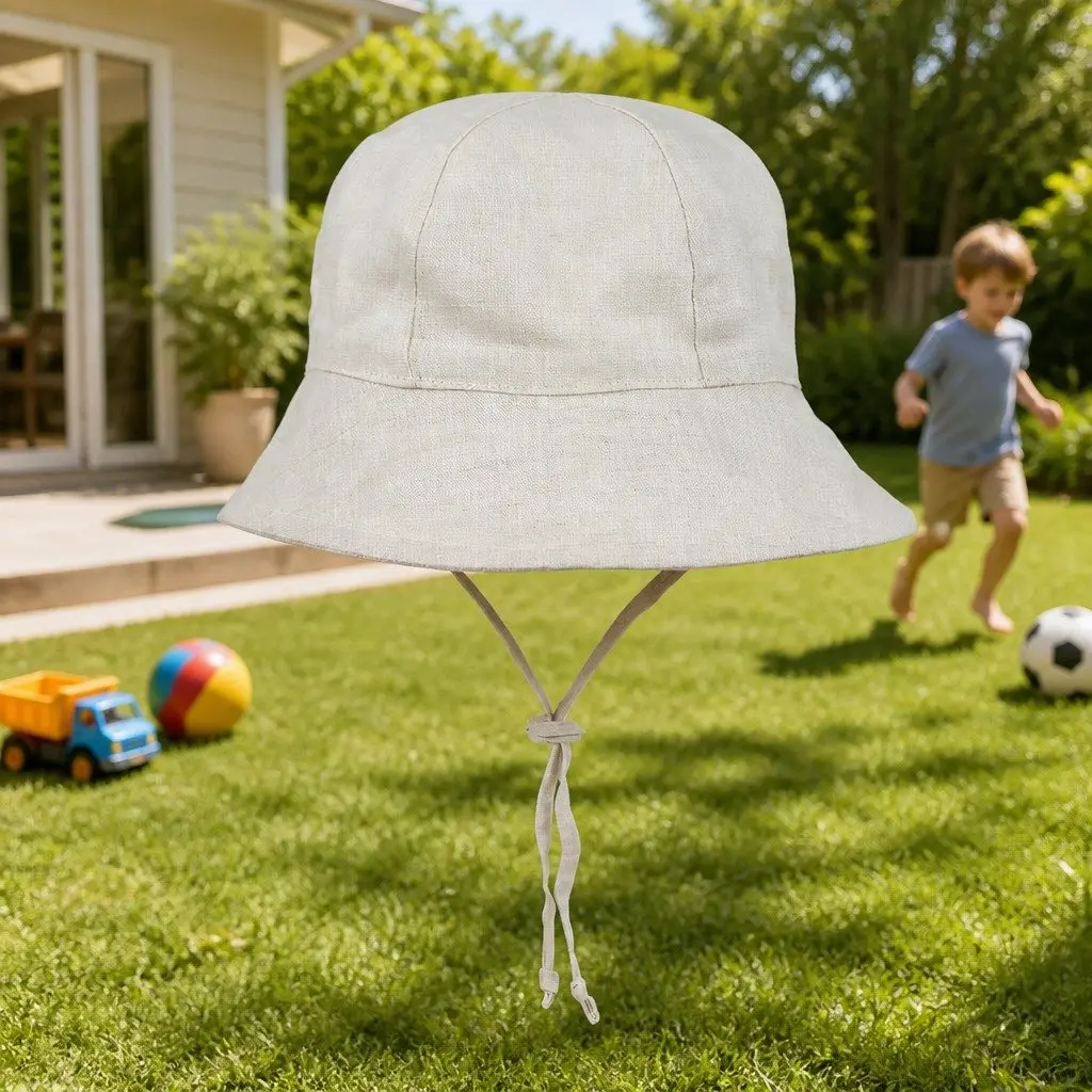 Kids Bucket Hat Reversible Linen S Wide Brim Earthy Colour Sun Protection