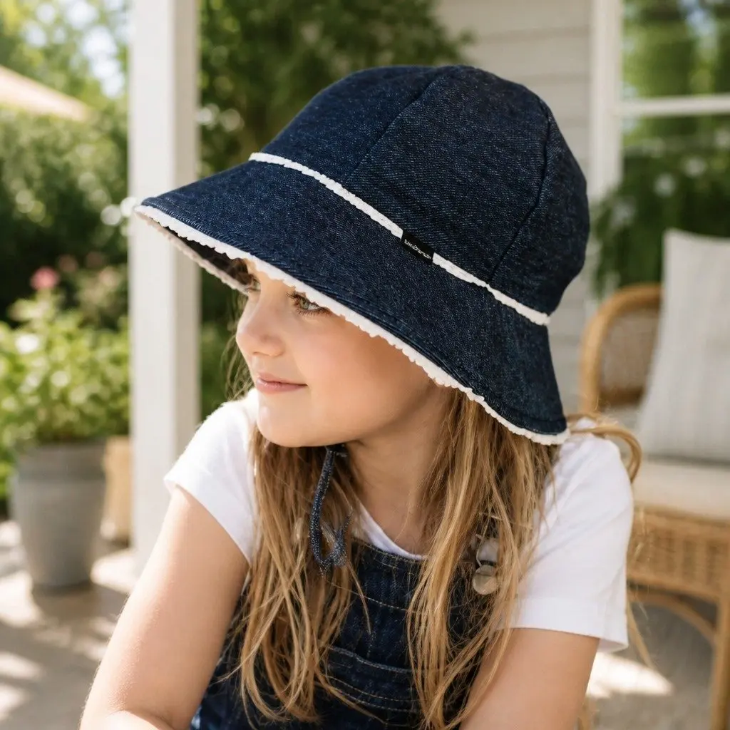 Toddler Bucket Hat Denim Soft Flexible Brim Ruffle Trim Size S