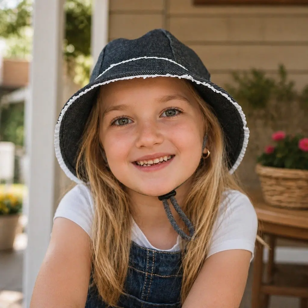 Toddler Bucket Hat Denim Soft Flexible Brim Ruffle Trim Size S