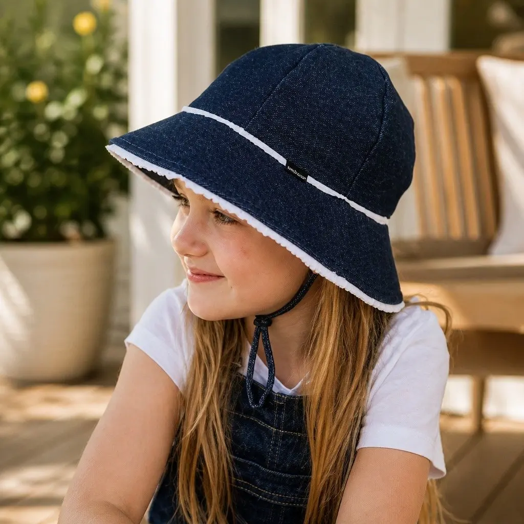 Toddler Bucket Hat Denim Soft Flexible Brim Ruffle Trim Size S