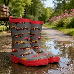 Durable Kids Rain Boots in Size 4 with Classic Cars Design