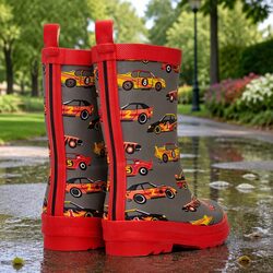 Kids Size 6 Rain Boots - Classic Race Cars, Waterproof