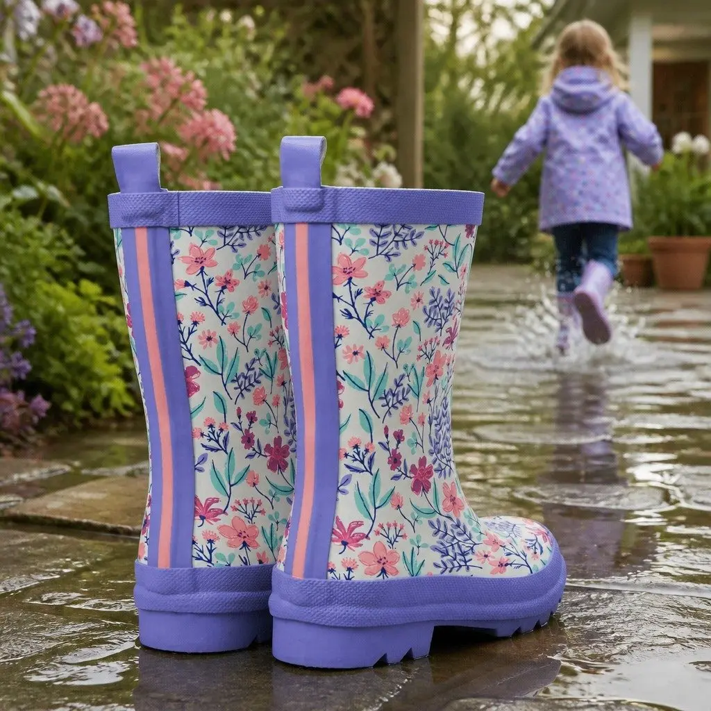 Kids Rubber Matte Rain Boots Size 4 Pink Navy