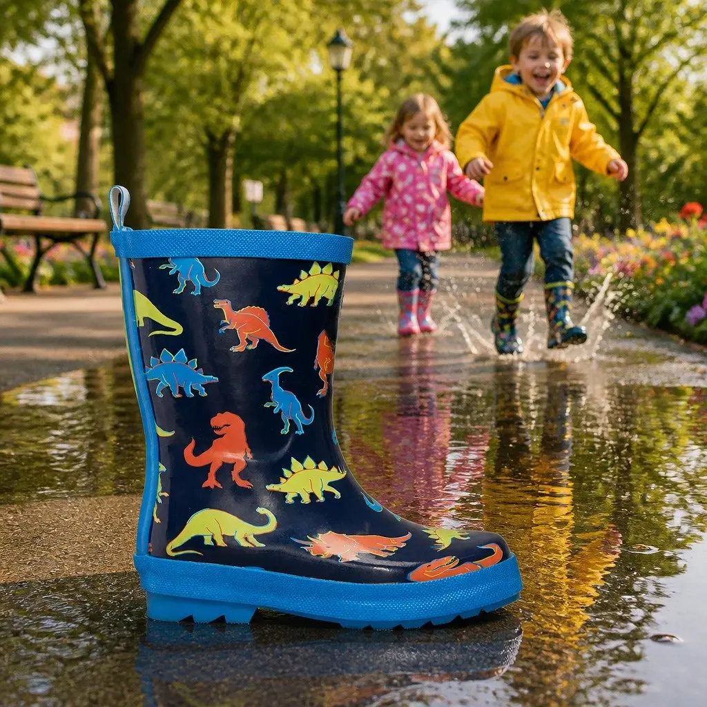 Kids Rain Boots Rubber Waterproof Slip-Resistant Matte Pink Navy Linework Dinos