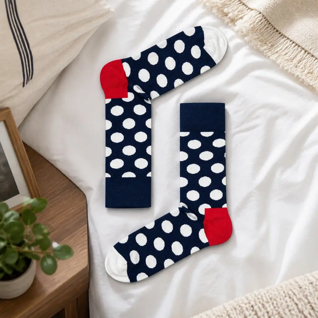 Cotton Combed Socks Big Dot Pattern Size 36-40 Colourful Blue with Red Heel