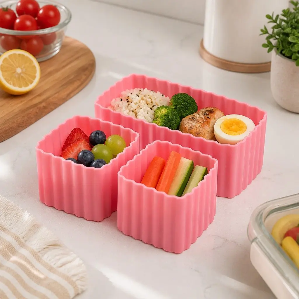 Bento Cups Silicone 3 Piece Kids Lunch Box Food Container Set Apple