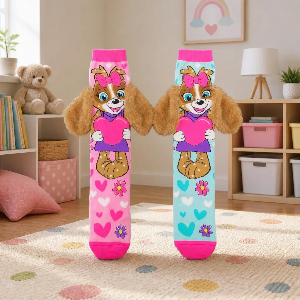 Puppy Love Socks With Ears Kids Adults Fun Colorful One Size Fits Most Age 6-99