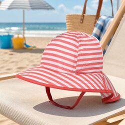 Infant Sun Hat UPF50+ Baby Sprout Stroller Packable Crushable Coral White Stripe