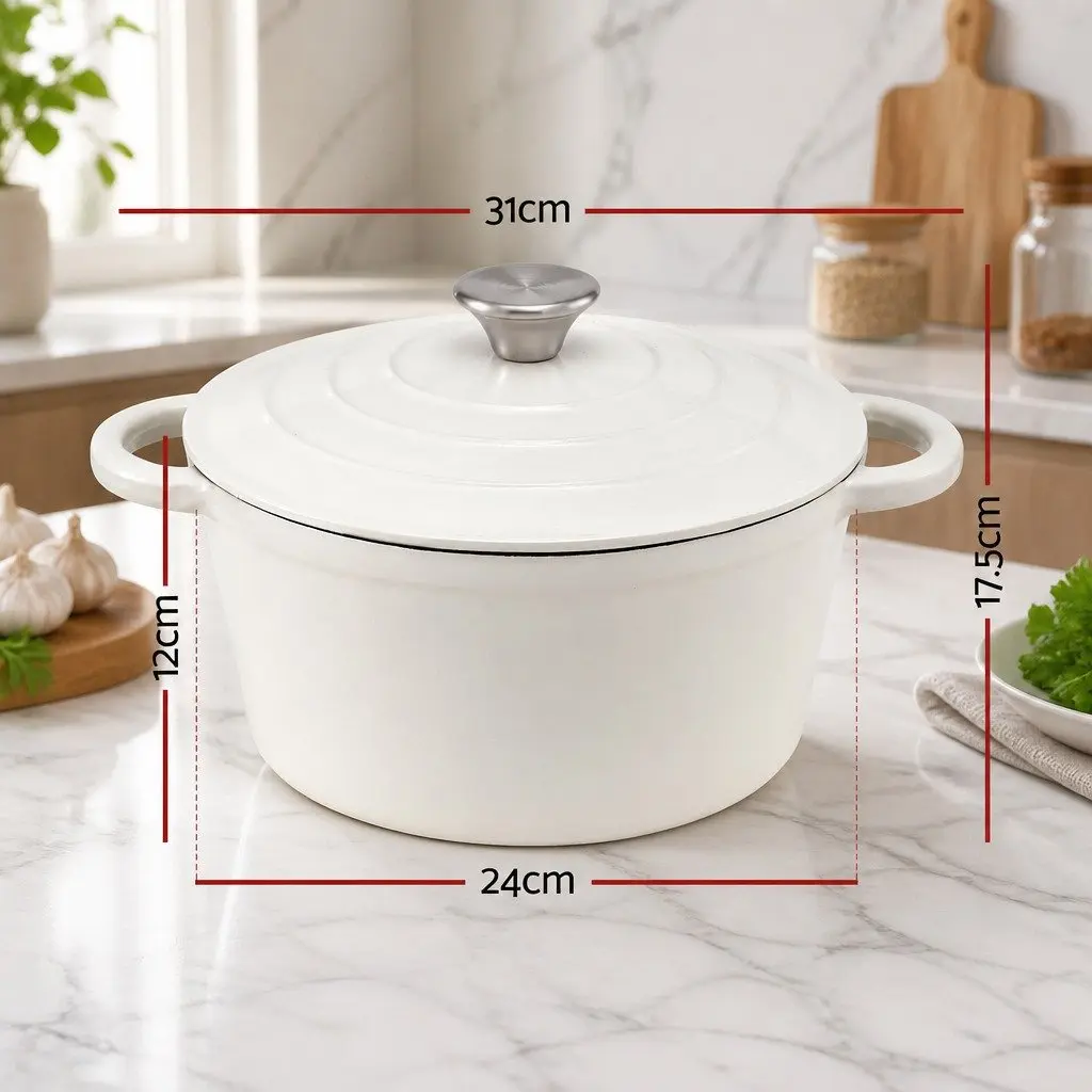 Cast Iron Dutch Oven Pot White 3.8L with Lid for Braising Stewing Roasting Baking