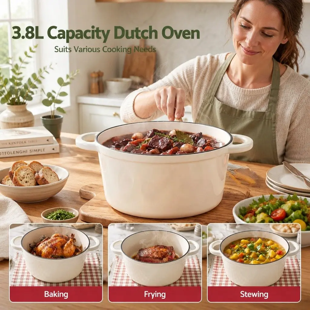 Cast Iron Dutch Oven Pot White 3.8L with Lid for Braising Stewing Roasting Baking