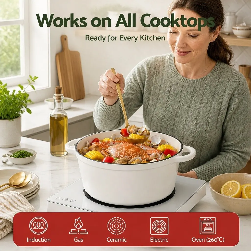 Cast Iron Dutch Oven Pot White 3.8L with Lid for Braising Stewing Roasting Baking