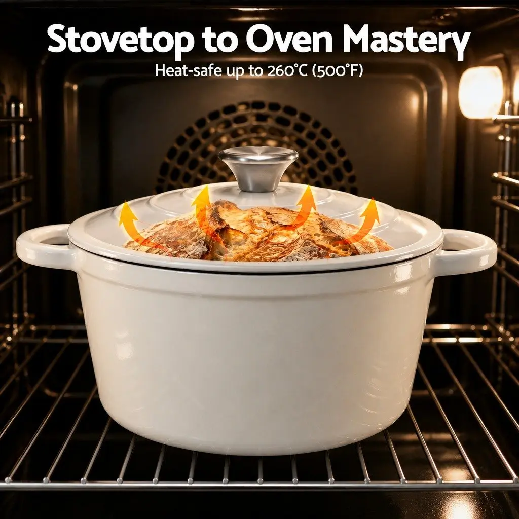 Cast Iron Dutch Oven Pot White 3.8L with Lid for Braising Stewing Roasting Baking