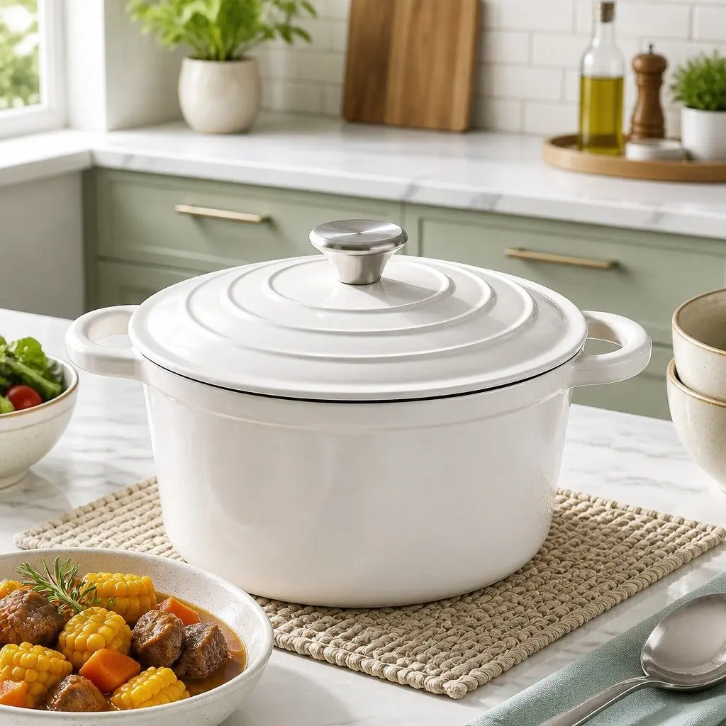 Cast Iron Dutch Oven Pot White 3.8L with Lid for Braising Stewing Roasting Baking