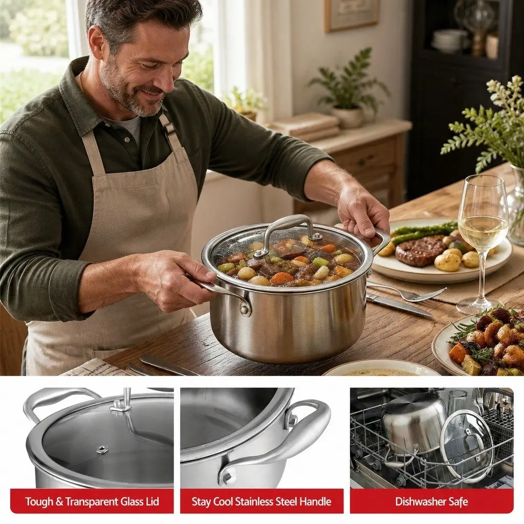 Stainless Steel Dutch Oven Pot 4.5L with Stay-Cool Handle Silver