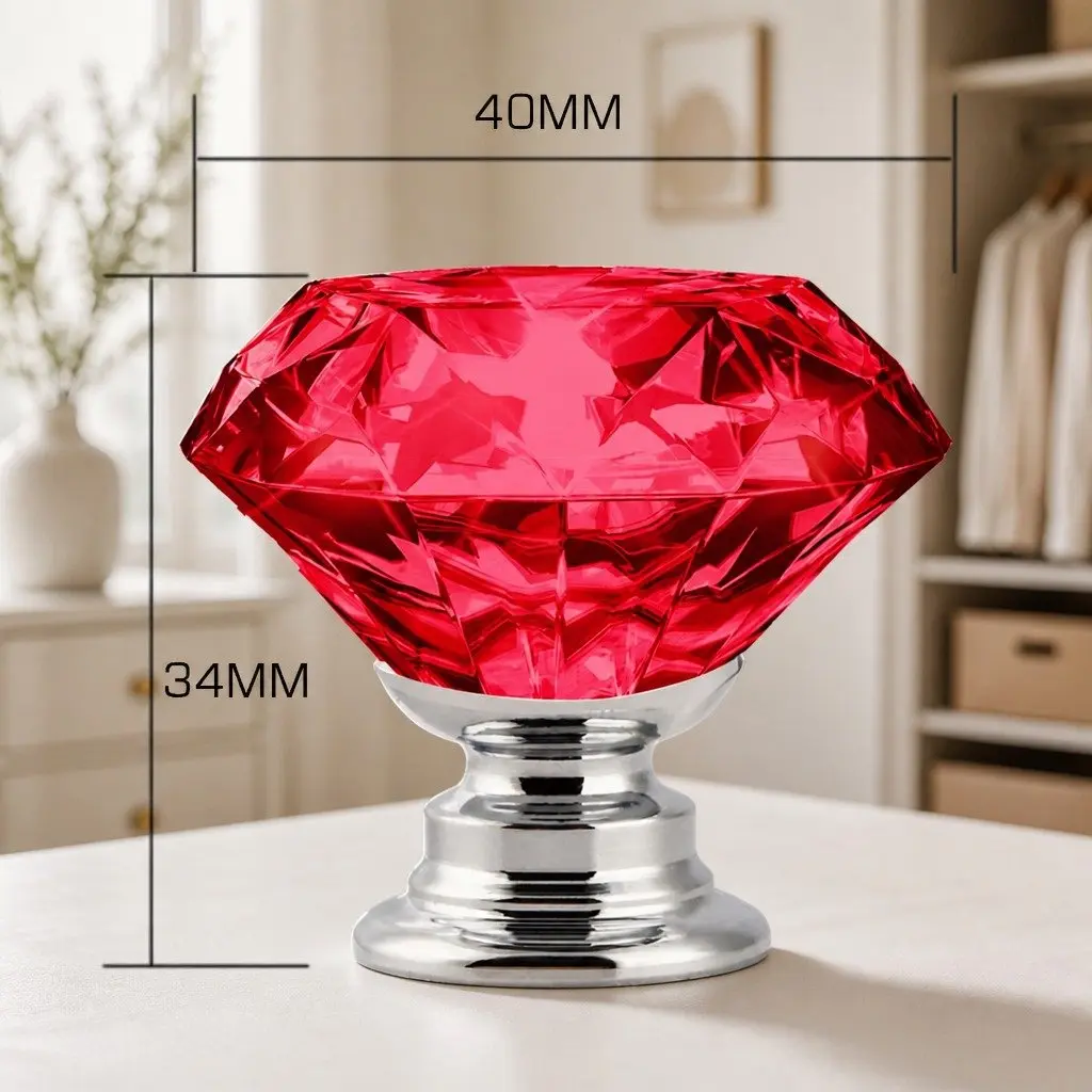 Diamond Crystal Cabinet Knobs 40mm Red Alloy Base 16 Pack