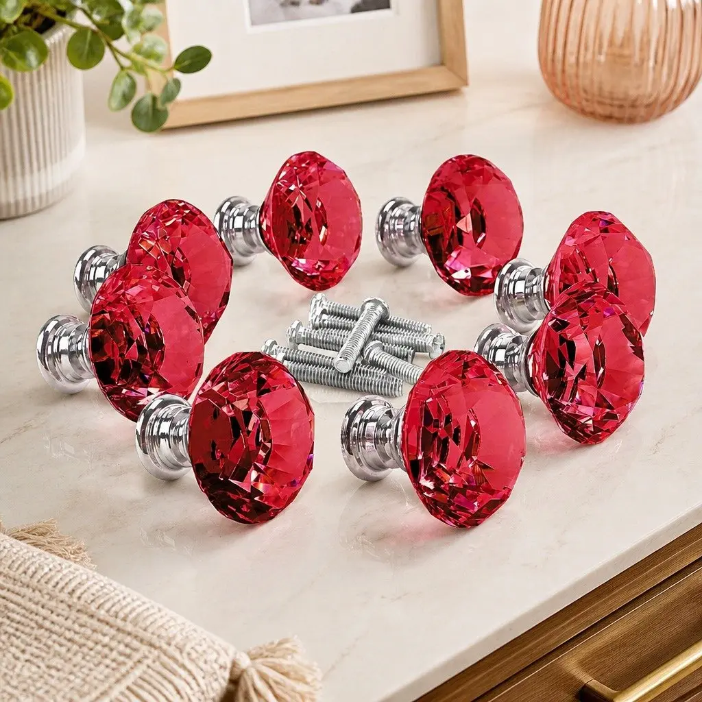 16 Pcs Red Crystal Knobs for Home Use 30mm