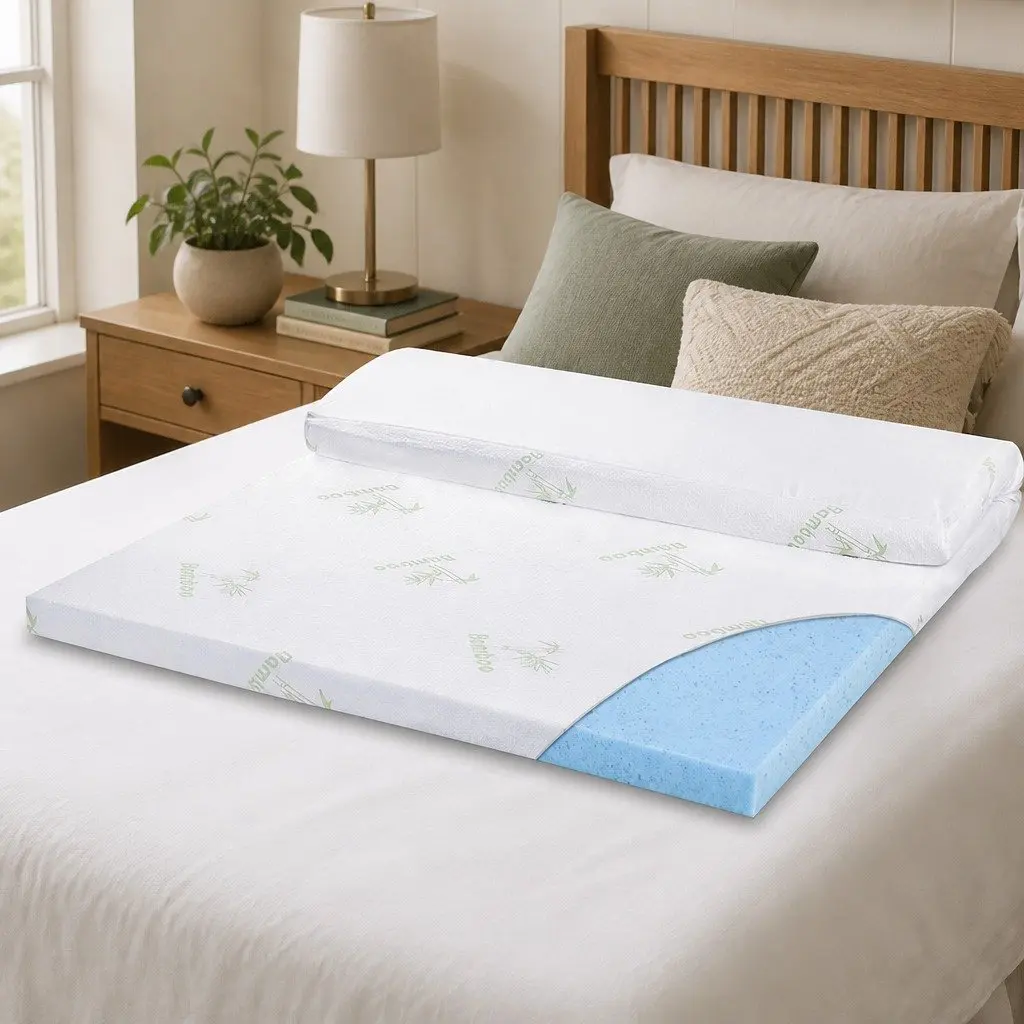 Memory Foam Mattress Topper 5cm Cool Gel King Single Bamboo Cover White Blue