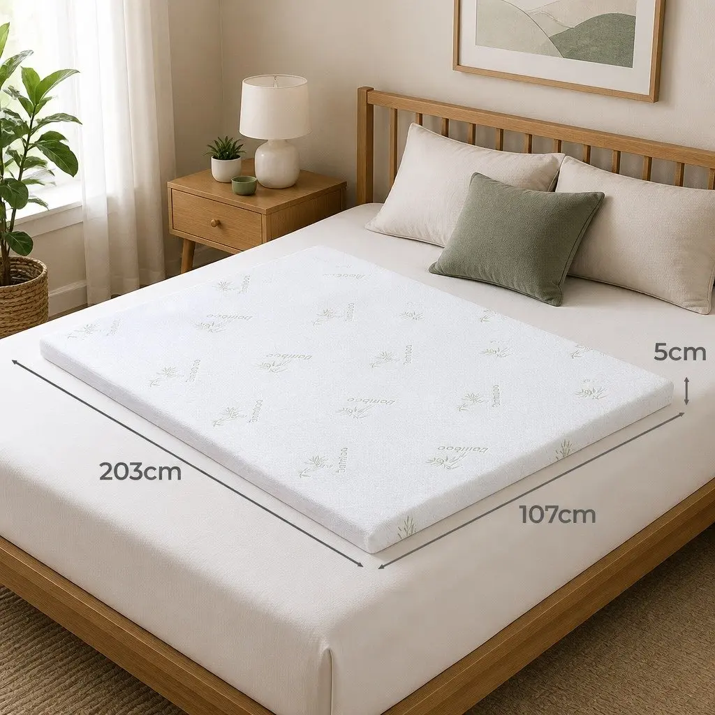 Memory Foam Mattress Topper 5cm Cool Gel King Single Bamboo Cover White Blue